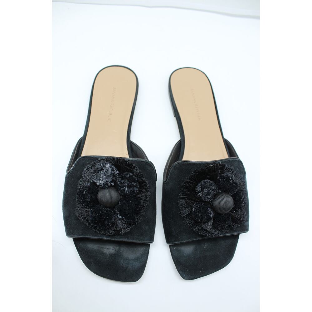 Banana Republic Black Pom Pom Loafe Suede Open Toe Dressy Slides Sandals